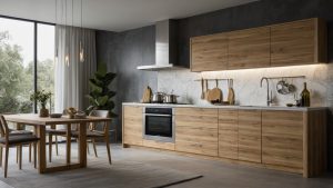 Cuisine moderne avec des armoires sur mesure en bois massif et des finitions en acier inoxydable, conçue par Armoires à Super Prix à Montréal