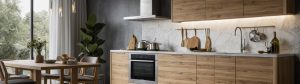 Cuisine moderne avec des armoires sur mesure en bois massif et des finitions en acier inoxydable, conçue par Armoires à Super Prix à Montréal