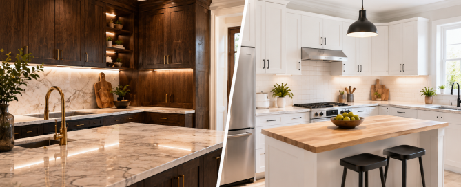 Comparaison visuelle de deux styles d’armoires de cuisine, en bois foncé et en blanc
