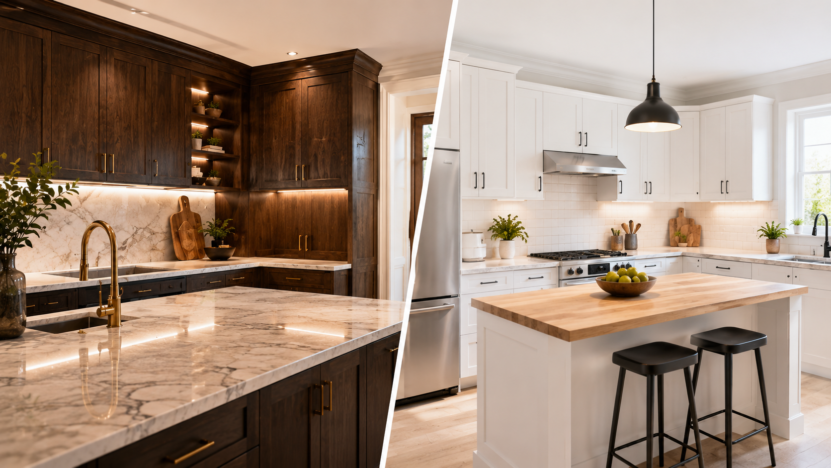 Comparaison visuelle de deux styles d’armoires de cuisine, en bois foncé et en blanc